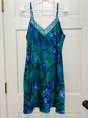 Y2K Tropical Floral & Monstera Leaf Print Satin Slip Dress - Size Large